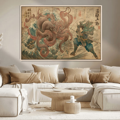Tsukioka Yoshitoshi Samurai Wall Art Print, Japanese Katana Warrior Canvas Wall Art, Octopus Sea Monster Canvas Print,