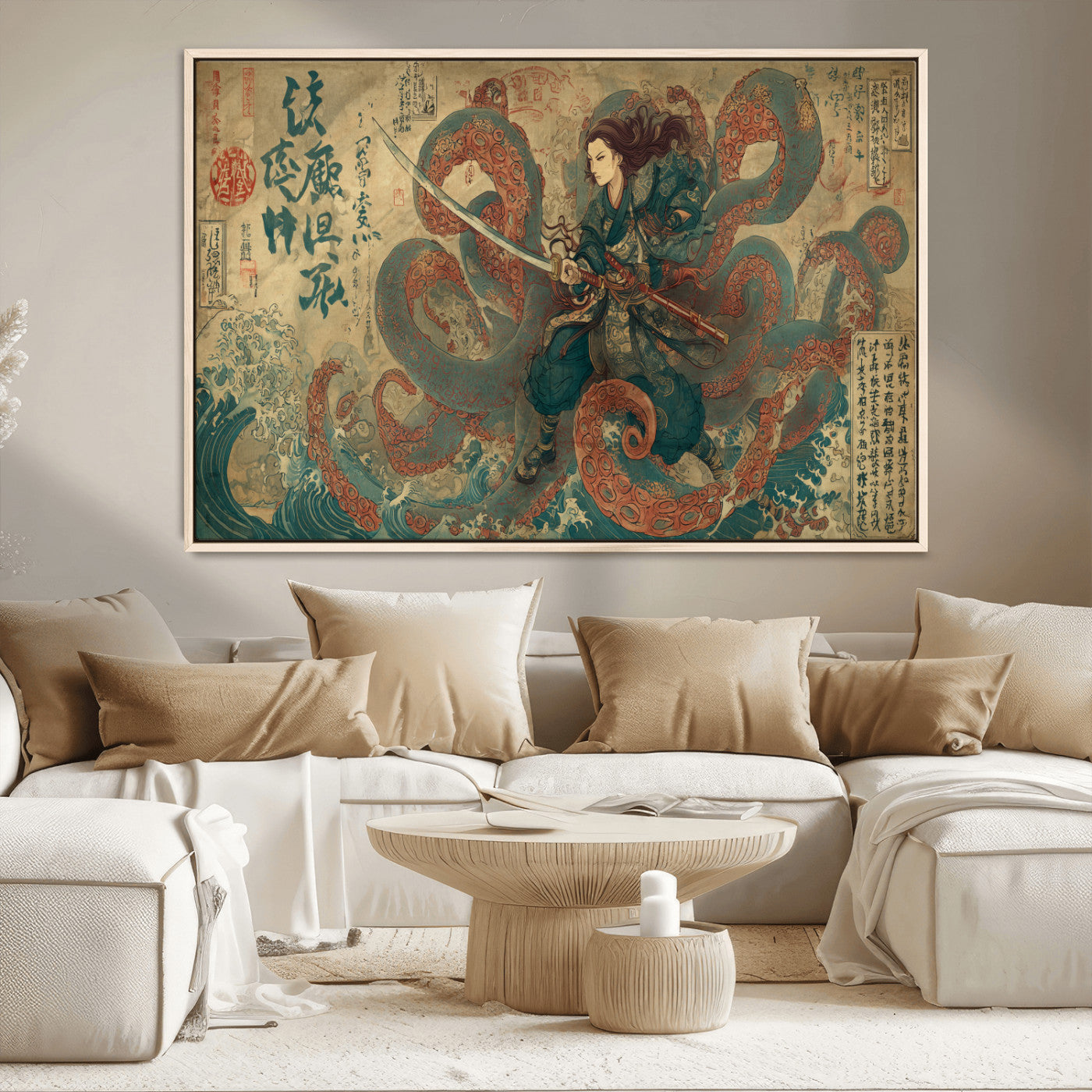 Tsukioka Yoshitoshi Samurai Wall Art Print, Japanese Katana Warrior Canvas Wall Art, Octopus Sea Monster Canvas Print,