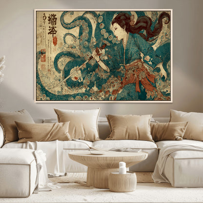Tsukioka Yoshitoshi Samurai Wall Art Print, Japanese Katana Warrior Canvas Wall Art, Octopus Sea Monster Canvas Print,