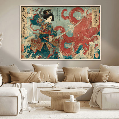 Tsukioka Yoshitoshi Samurai Wall Art Print, Japanese Katana Warrior Canvas Wall Art, Octopus Sea Monster Canvas Print,