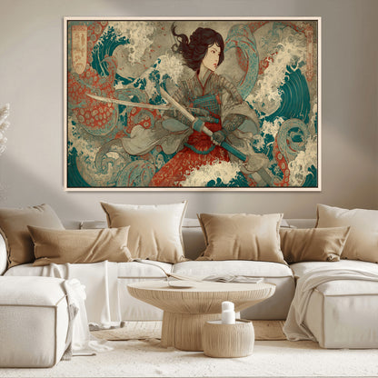 Tsukioka Yoshitoshi Samurai Wall Art Print, Japanese Katana Warrior Canvas Wall Art, Octopus Sea Monster Canvas Print,