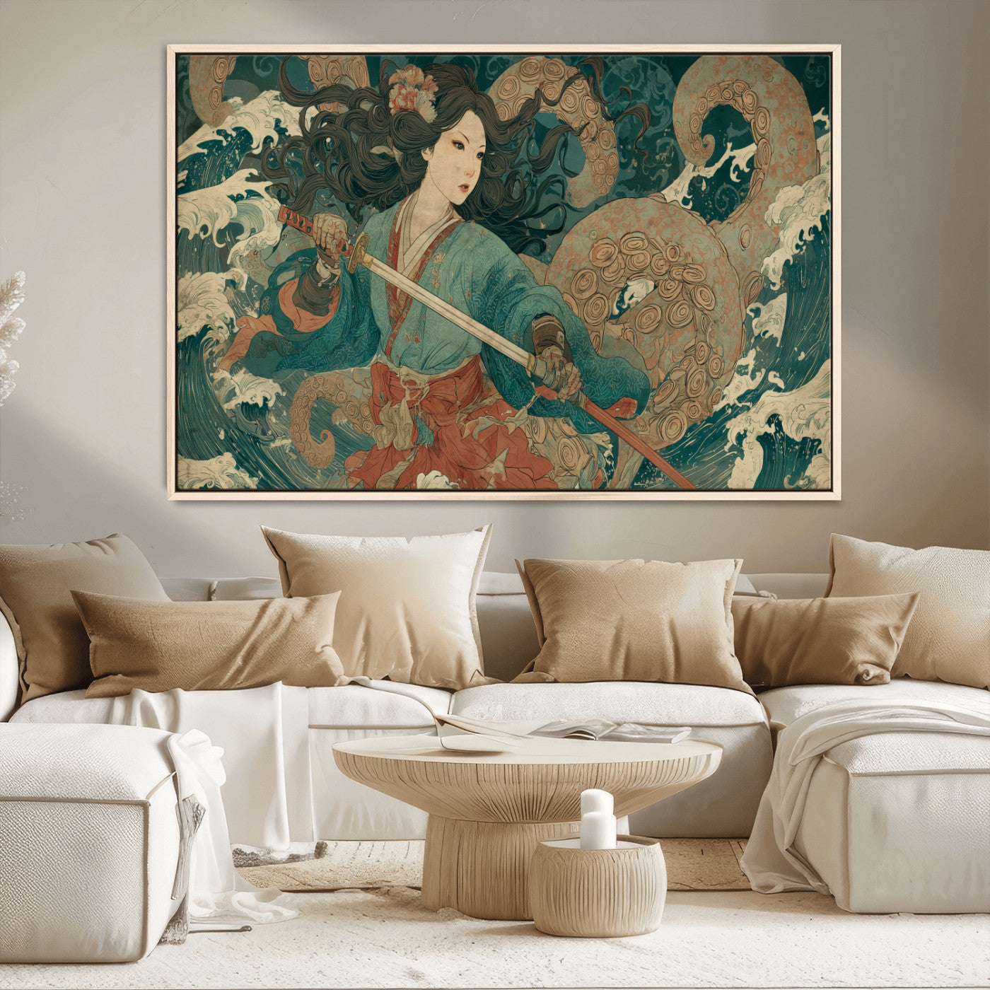 Tsukioka Yoshitoshi Samurai Wall Art Print, Japanese Katana Warrior Canvas Wall Art, Octopus Sea Monster Canvas Print,