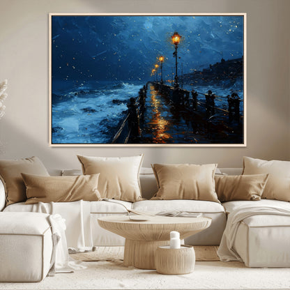 "Impressionistic painting of a rainy pier at night with glowing street lamps reflecting on the wet surface, ocean waves crashing under a dark blue sky."