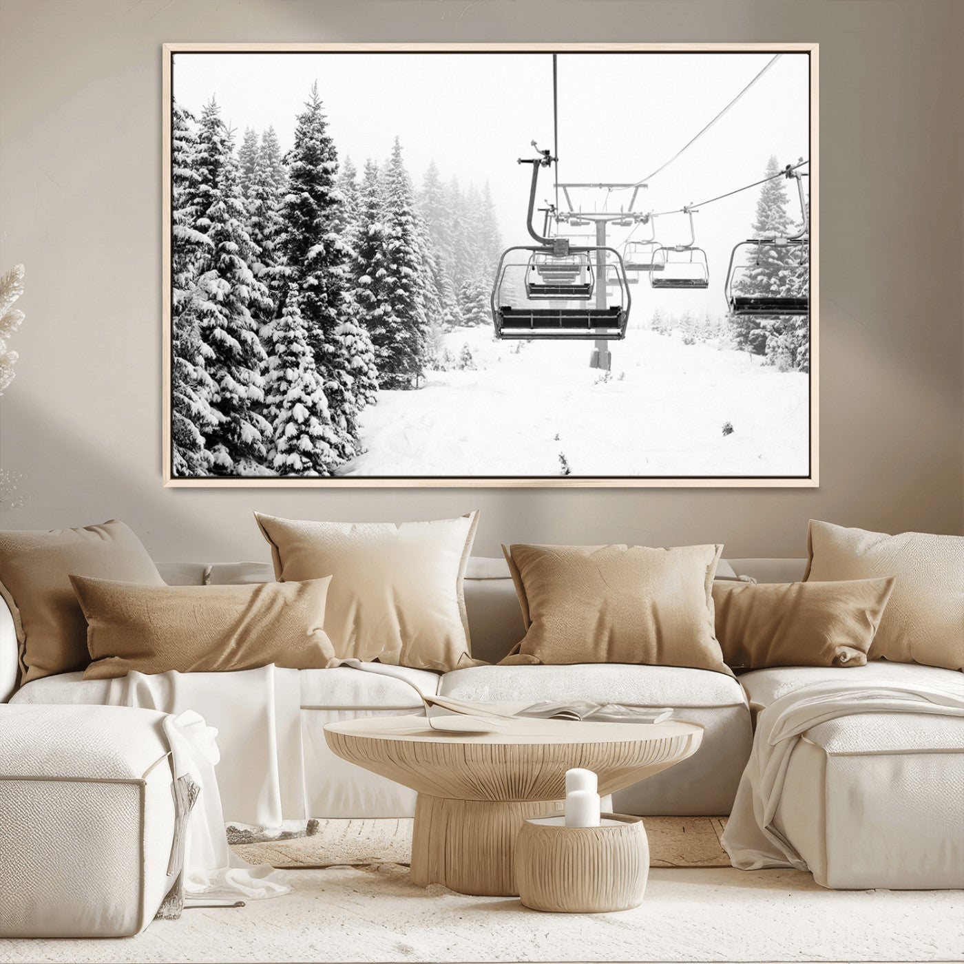 Black and white canvas of empty ski lifts over a snowy pine forest, perfect for minimal winter or ski lodge-inspired decor.