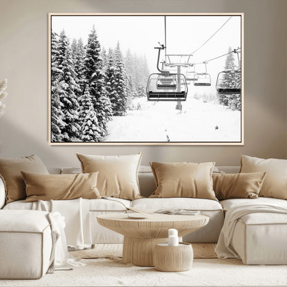 Black and white canvas of empty ski lifts over a snowy pine forest, perfect for minimal winter or ski lodge-inspired decor.