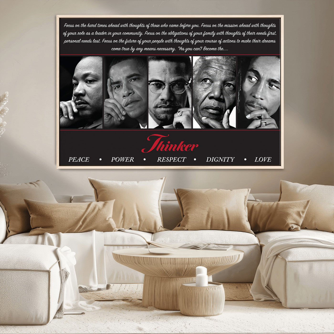 Monochrome canvas of iconic Black leaders with a powerful quote, perfect for modern spaces with a cultural or motivational theme.