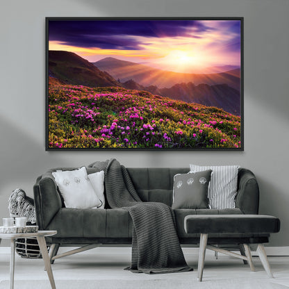 -Mountain Sunrise Wall Art – Vibrant Floral Landscape Canvas Print, Nature Home Decor for Living Room, Bedroom Office or Cabin
