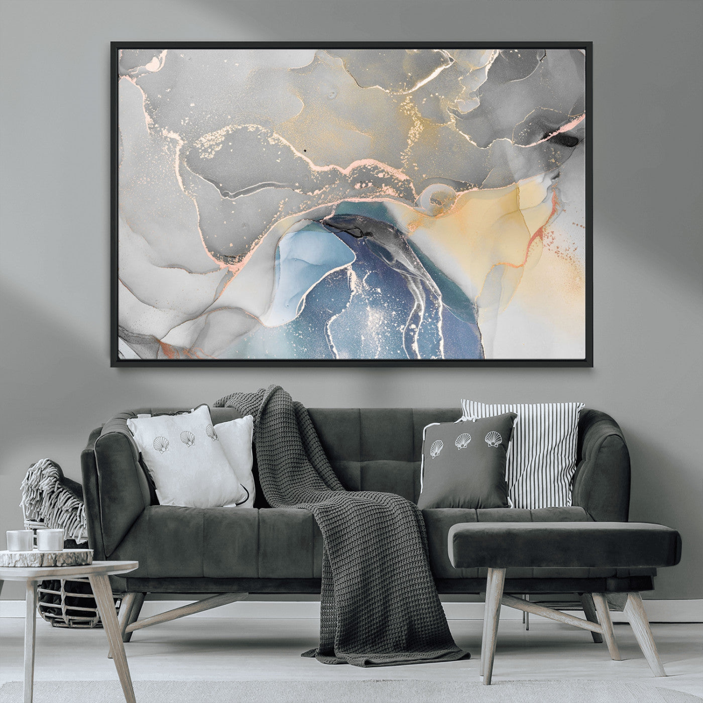 -Abstract Fluid Art Wall Decor – Blue, Gray & Gold Canvas Print, Modern Home and Office Wall Art Decor for Living Room, Bedroom or Workspace
