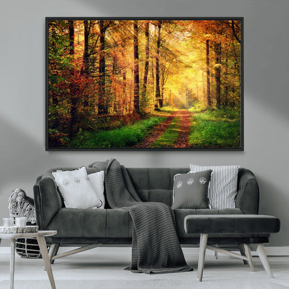 73494-MGV-CV-36X24-Golden Autumn Forest Path Wall Art – Sunlit Woodland Canvas Print, Fall Nature Landscape Home Decor