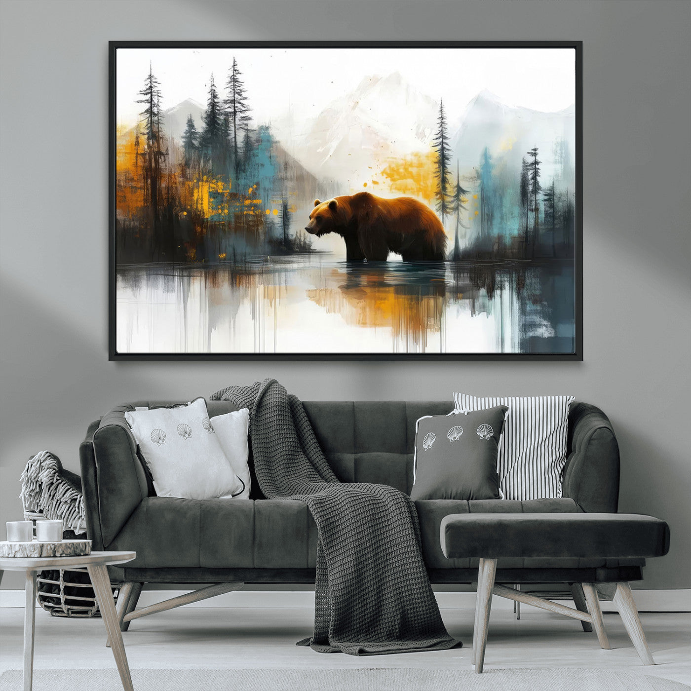 A majestic bear stands by the serene waters of a misty forest, surrounded by towering trees and distant mountains, evoking the raw beauty and wild spirit of nature.
