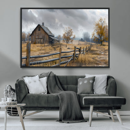 A tranquil rural scene featuring a rustic barn, overcast skies, and golden fields with scattered trees, evoking a sense of peaceful solitude in nature.