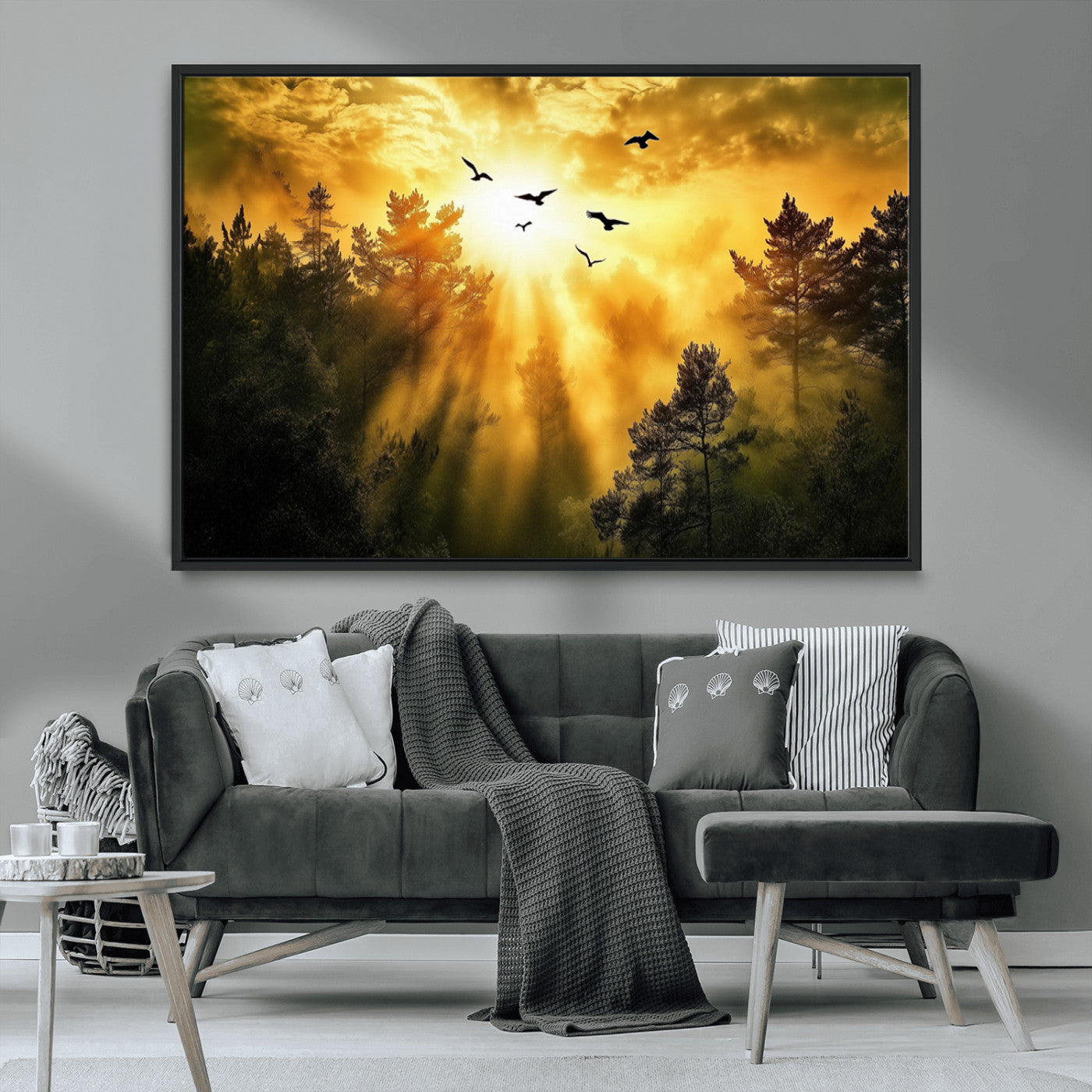 Canvas of a golden forest at sunset with birds flying through glowing sunbeams and silhouetted pine trees, ideal for warm-toned rustic decor.