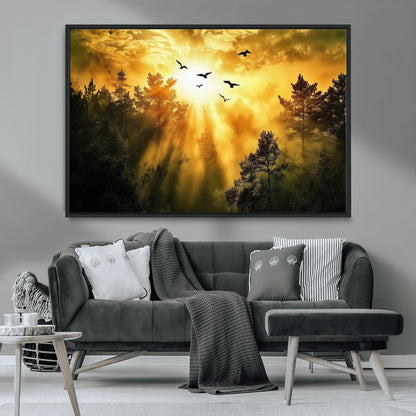 Canvas of a golden forest at sunset with birds flying through glowing sunbeams and silhouetted pine trees, ideal for warm-toned rustic decor.