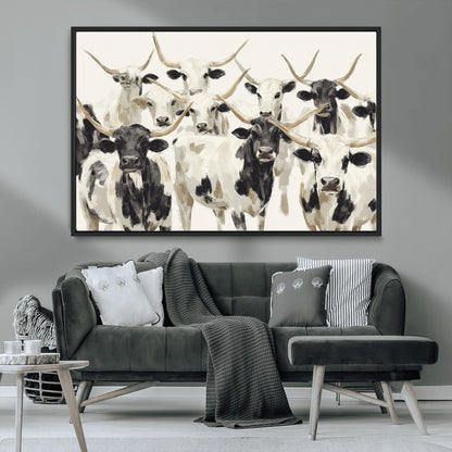 Canvas of a Texas Longhorn cattle herd in neutral black and white tones, ideal for rustic farmhouse or western-themed decor.