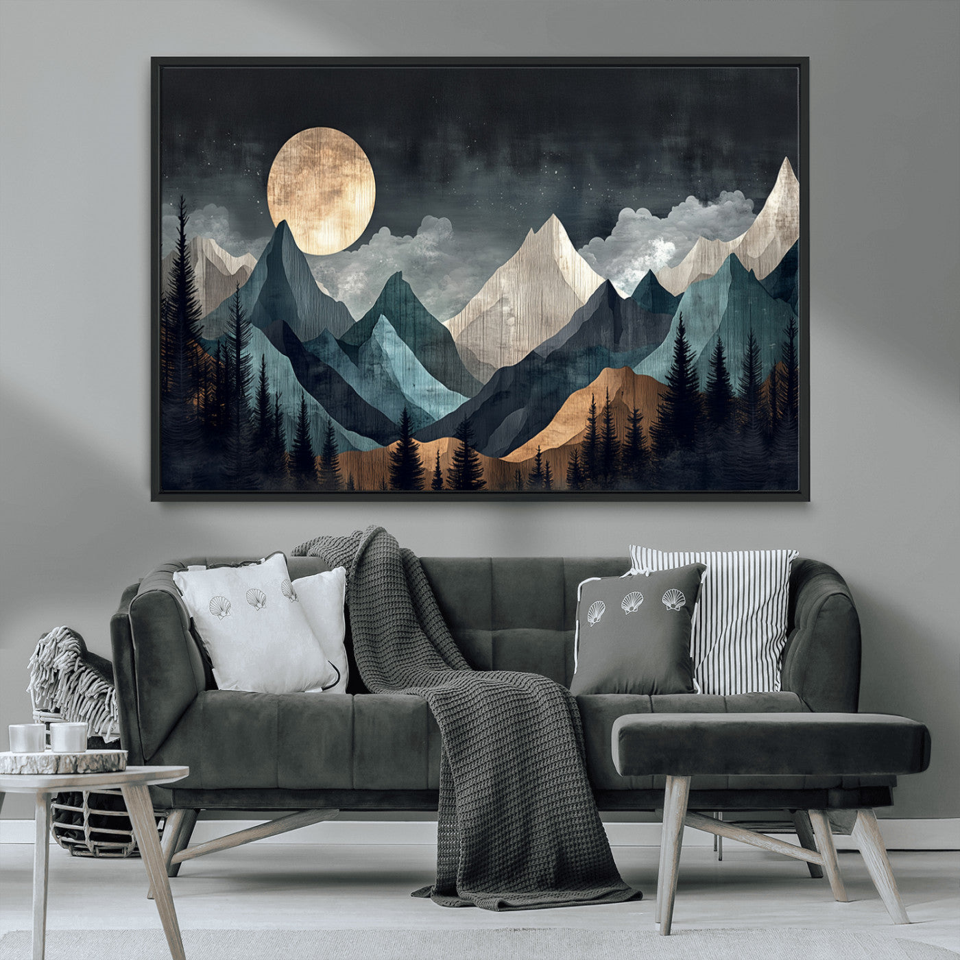 Stylized canvas of layered mountains under a full moon in neutral moody tones, ideal for nature-inspired or modern rustic interiors.