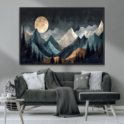 Stylized canvas of layered mountains under a full moon in neutral moody tones, ideal for nature-inspired or modern rustic interiors.