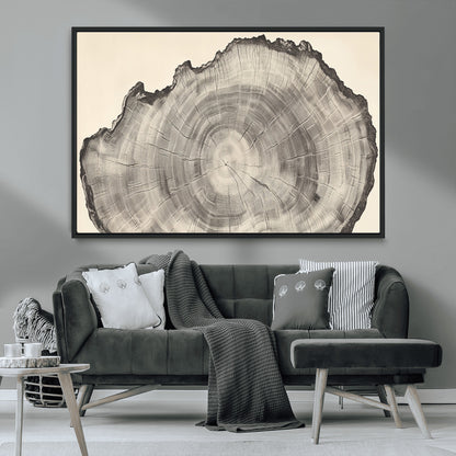 Detailed tree ring drawing in monochrome tones, ideal for rustic or nature-inspired interiors with a minimal decor aesthetic.