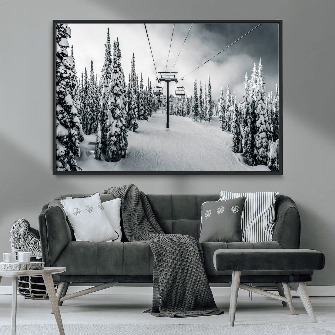 Canvas of a snowy ski lift scene through a forest of tall pine trees, ideal for moody winter or alpine-themed home decor.