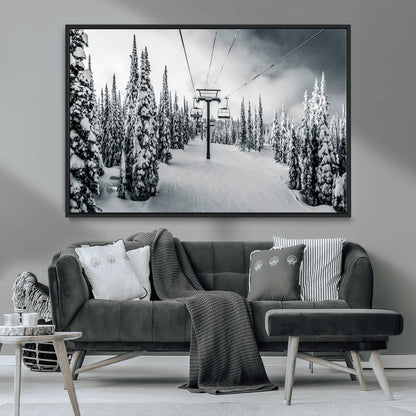 Canvas of a snowy ski lift scene through a forest of tall pine trees, ideal for moody winter or alpine-themed home decor.
