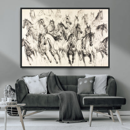 Monochrome ink sketch of galloping horses in dynamic motion, perfect for western or equine-themed wall decor with bold artistic energy.