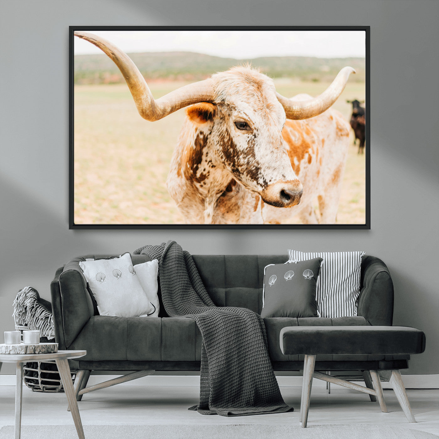 Close-up of a speckled Texas Longhorn in warm prairie tones, perfect for rustic western or countryside-themed room decor.