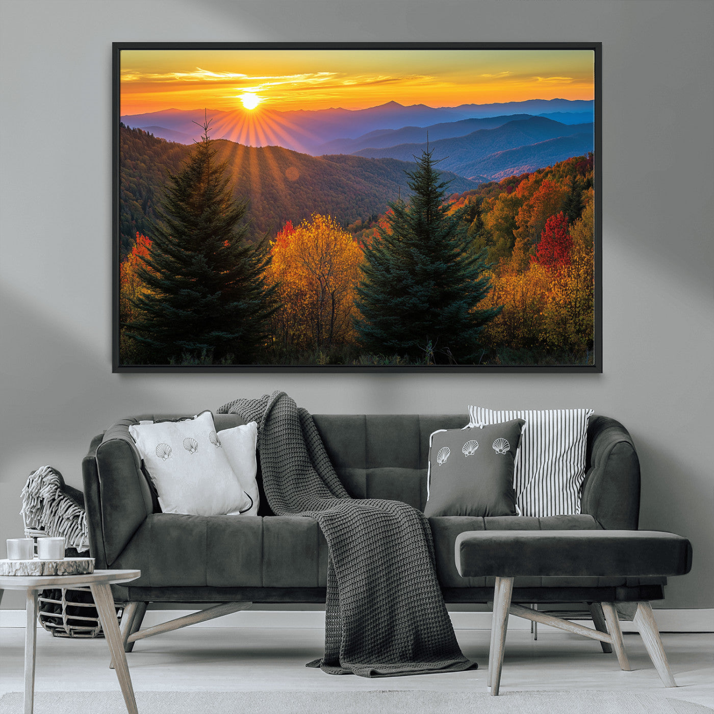 Vibrant sunset over autumn mountains with colorful trees and warm light, ideal for nature lovers or cabin-style wall decor.