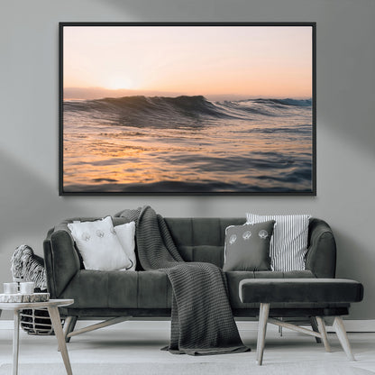 Framed canvas of ocean waves glowing in sunset light, ideal for golden hour calm or peaceful coastal-inspired wall decor.