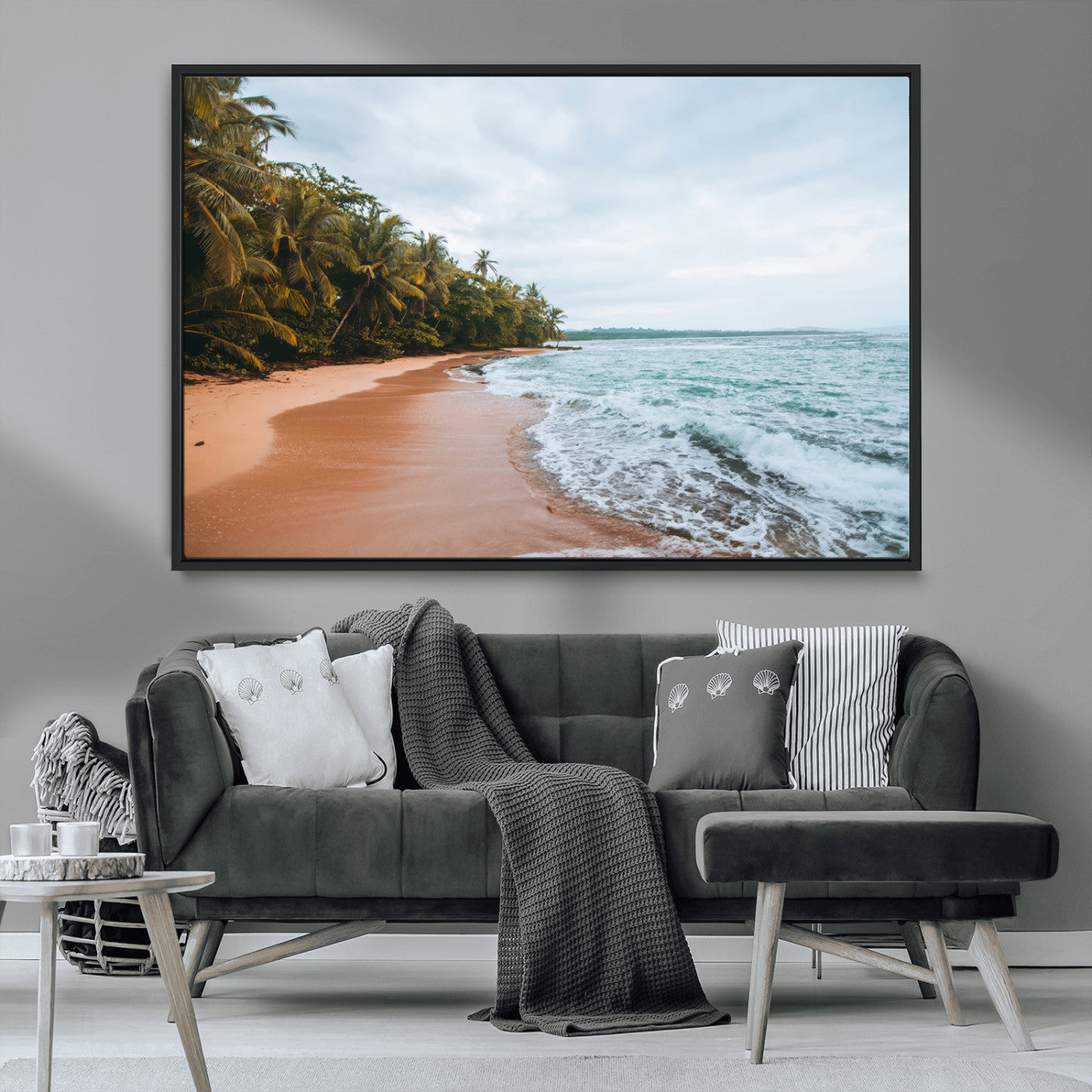Framed canvas of a tropical beach with palm trees and soft waves, ideal for coastal escape or serene nature-inspired home decor.