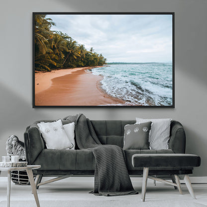 Framed canvas of a tropical beach with palm trees and soft waves, ideal for coastal escape or serene nature-inspired home decor.