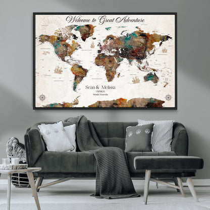 92462592-MGV-FC-36X24_Black-Customize Push Pin World Map Wall Canvas Print – Personalizable Travel World Map with Pins – Framed Personalized Map Print for Couple Gift - H31