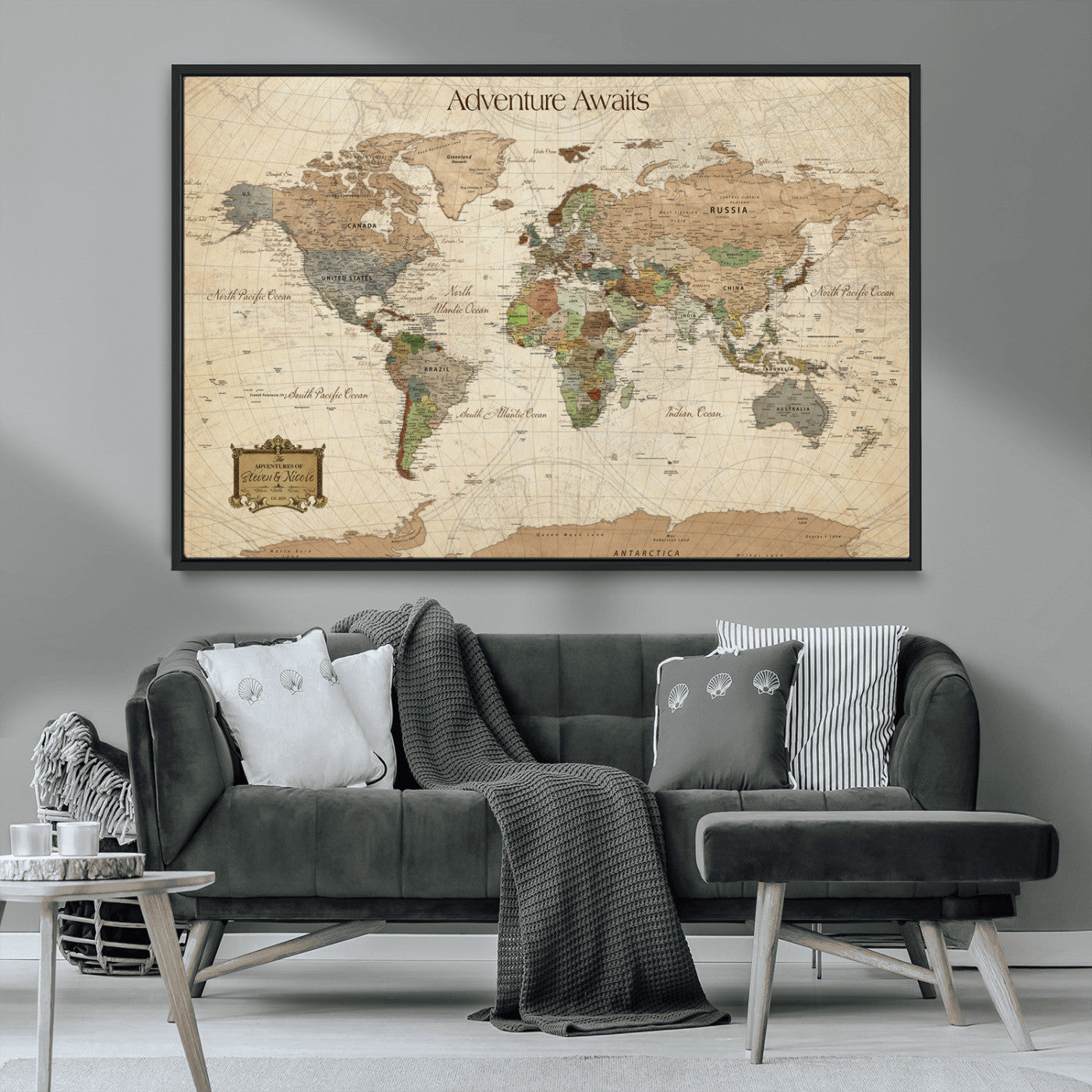 Custom Push Pin World Map Wall Canvas Print – Personalized Travel Tracker with Pins – Framed Custom Quotie Canvas for Home Office Decor