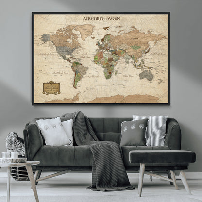 Custom Push Pin World Map Wall Canvas Print – Personalized Travel Tracker with Pins – Framed Custom Quotie Canvas for Home Office Decor
