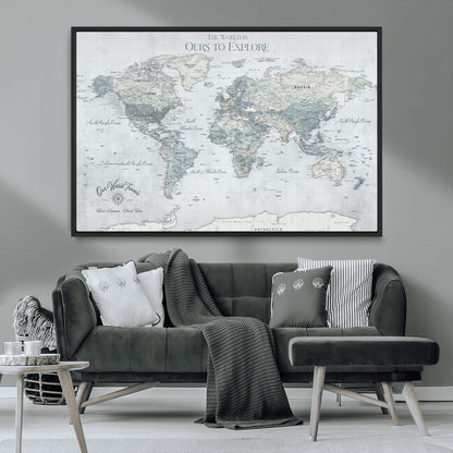 Custom Push Pin World Map Wall Canvas Print – Personalized Travel Tracker with Pins – Framed Custom Quotie Canvas for Home Office Decor