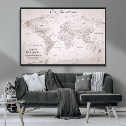Customize Push Pin World Map Wall Canvas Print – Personalized Travel Map with Foam Pins – Framed Custom Quotie Canvas for Home Office Decor
