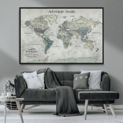 Customize Push Pin World Map Wall Canvas Print – Personalized Travel Tracker with Pins – Framed Custom Quotie Canvas for Home Office Decor