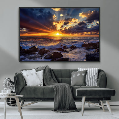 An explosive sunset over the ocean with dramatic clouds and rays of sunlight reflecting off the water, creating a vibrant and captivating view.