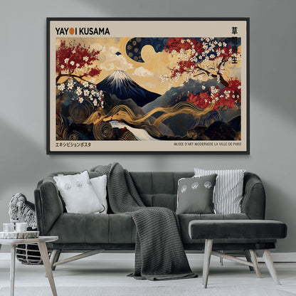 Yayoi Kusama's artwork featuring Mount Fuji, blooming cherry trees, and intricate swirls, blending traditional Japanese elements with vibrant color.