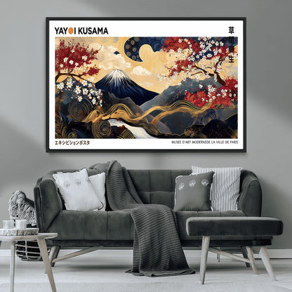 An artwork by Yayoi Kusama featuring Mount Fuji, blooming cherry blossoms, and swirling patterns in a harmonious blend of nature and art.
