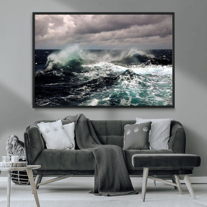 Powerful ocean waves crashing under stormy skies, creating a dynamic and intense seascape.