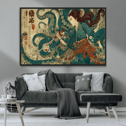 Tsukioka Yoshitoshi Samurai Wall Art Print, Japanese Katana Warrior Canvas Wall Art, Octopus Sea Monster Canvas Print,