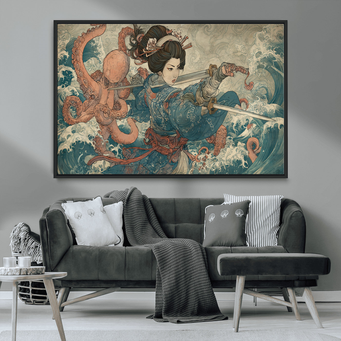 Tsukioka Yoshitoshi Samurai Wall Art Print, Japanese Katana Warrior Canvas Wall Art, Octopus Sea Monster Canvas Print,