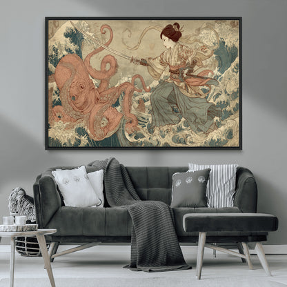 Tsukioka Yoshitoshi Samurai Wall Art Print, Japanese Katana Warrior Canvas Wall Art, Octopus Sea Monster Canvas Print,