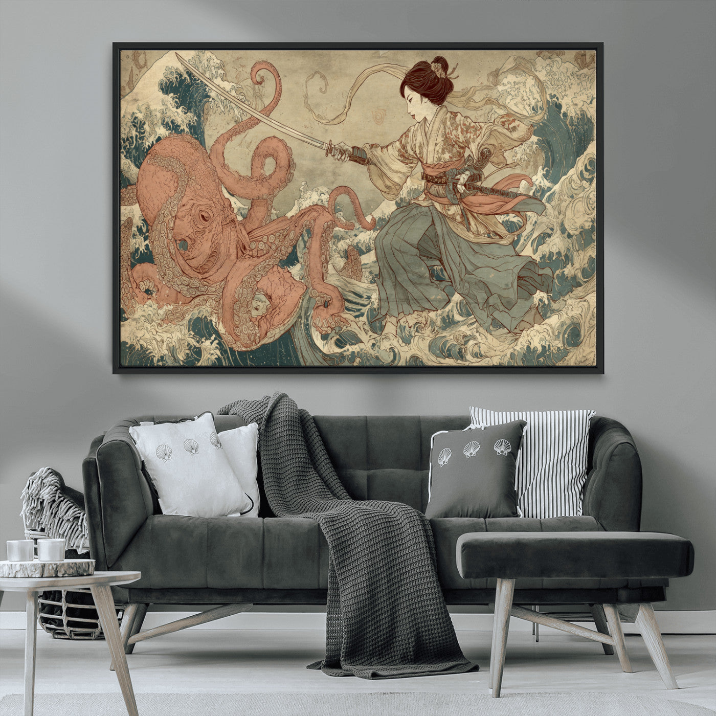 Tsukioka Yoshitoshi Samurai Wall Art Print, Japanese Katana Warrior Canvas Wall Art, Octopus Sea Monster Canvas Print,