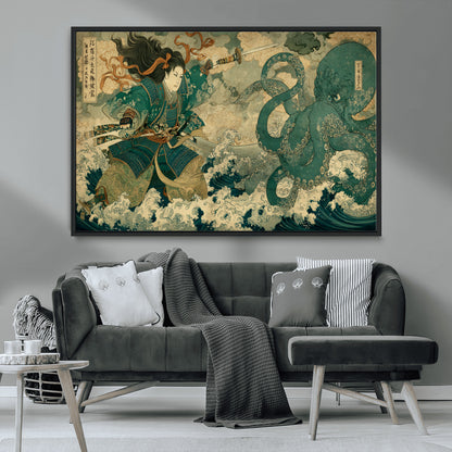 Tsukioka Yoshitoshi Samurai Wall Art Print, Japanese Katana Warrior Canvas Wall Art, Octopus Sea Monster Canvas Print,