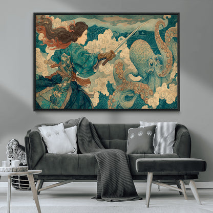 Tsukioka Yoshitoshi Samurai Wall Art Print, Japanese Katana Warrior Canvas Wall Art, Octopus Sea Monster Canvas Print,