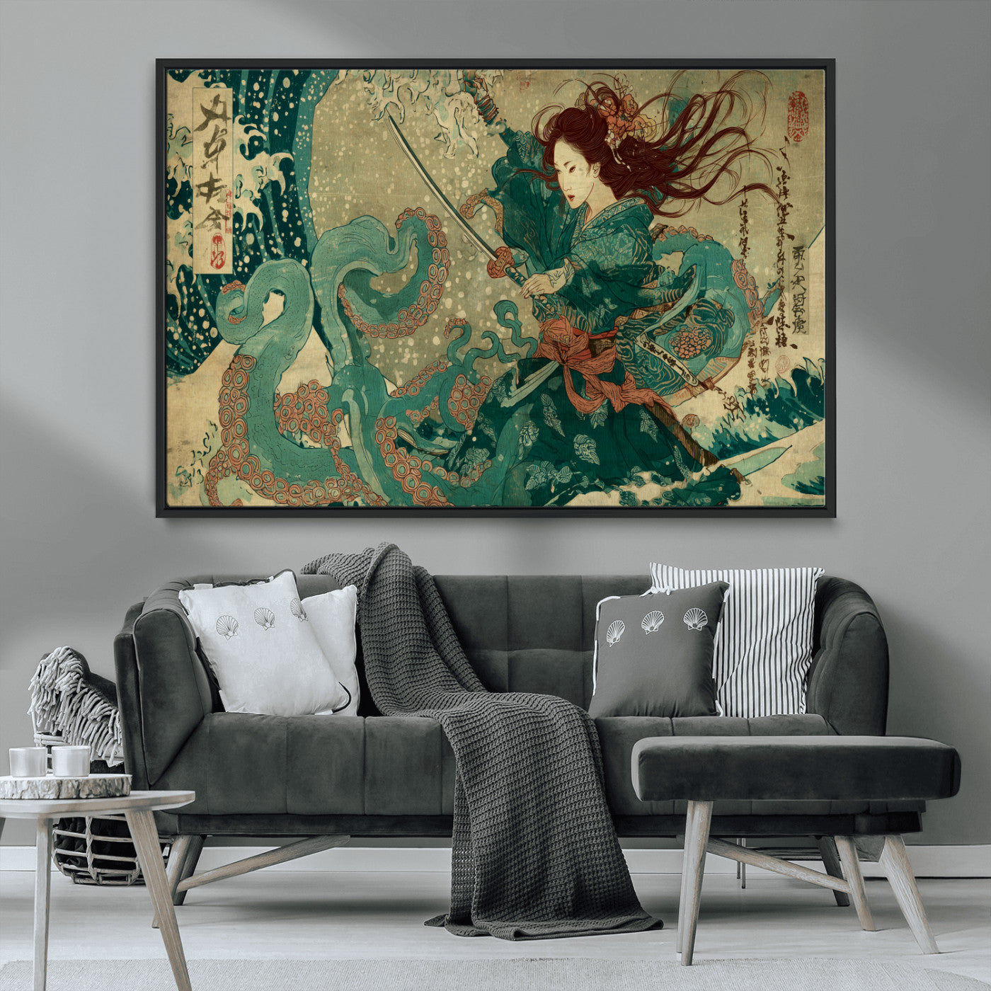 Tsukioka Yoshitoshi Samurai Wall Art Print, Japanese Katana Warrior Canvas Wall Art, Octopus Sea Monster Canvas Print,