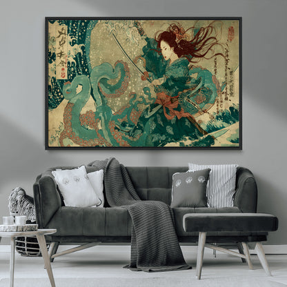 Tsukioka Yoshitoshi Samurai Wall Art Print, Japanese Katana Warrior Canvas Wall Art, Octopus Sea Monster Canvas Print,