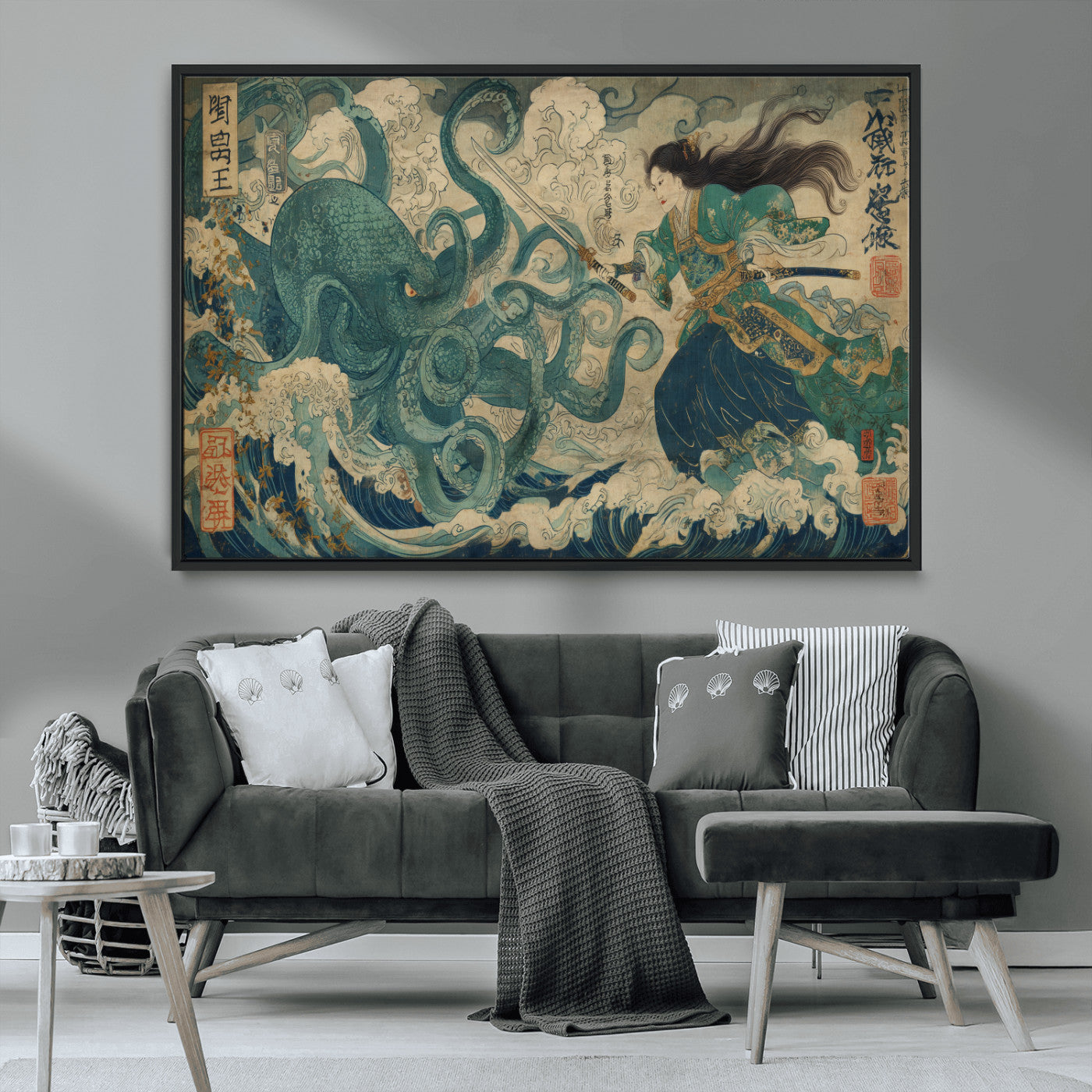 Tsukioka Yoshitoshi Samurai Wall Art Print, Japanese Katana Warrior Canvas Wall Art, Octopus Sea Monster Canvas Print,