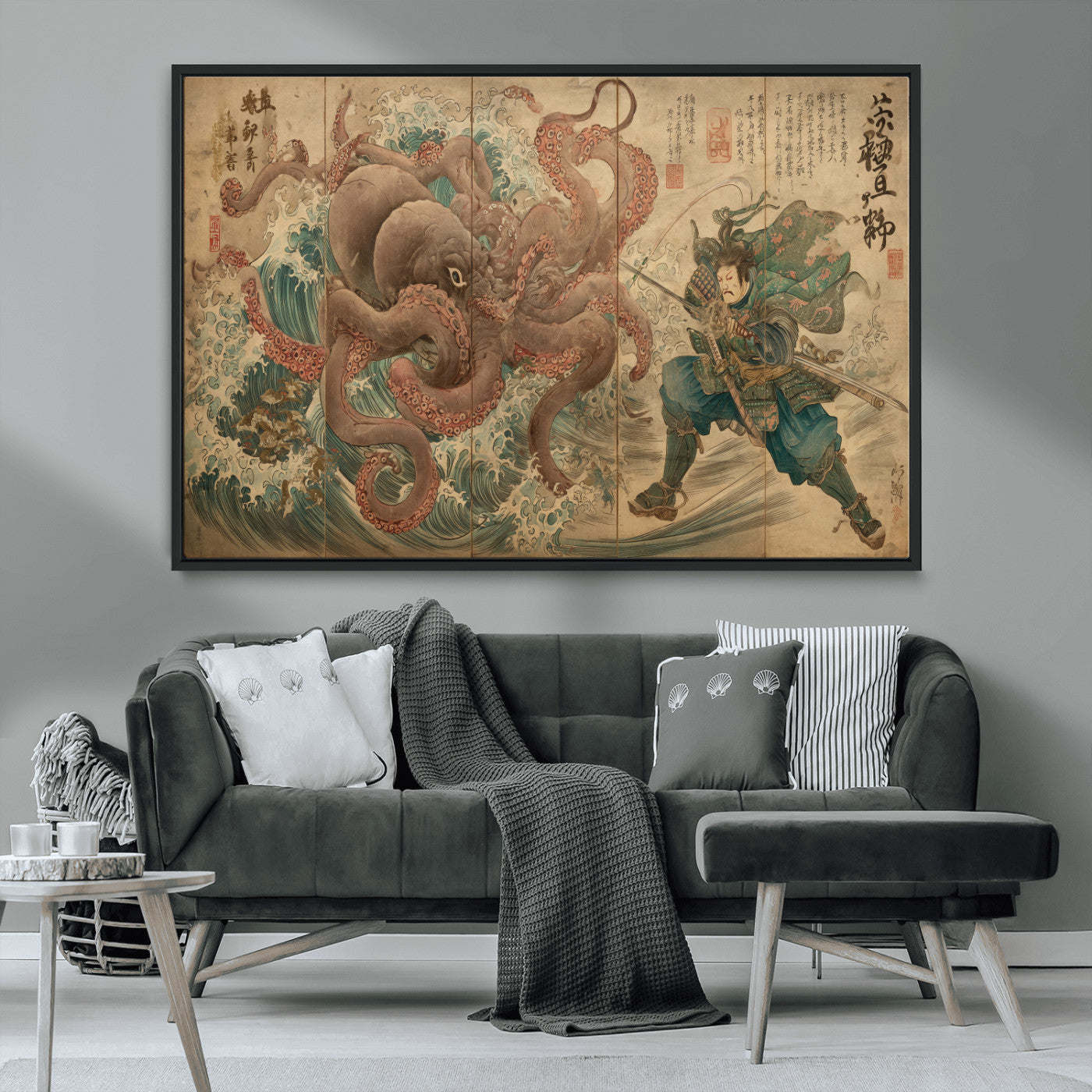 Tsukioka Yoshitoshi Samurai Wall Art Print, Japanese Katana Warrior Canvas Wall Art, Octopus Sea Monster Canvas Print,