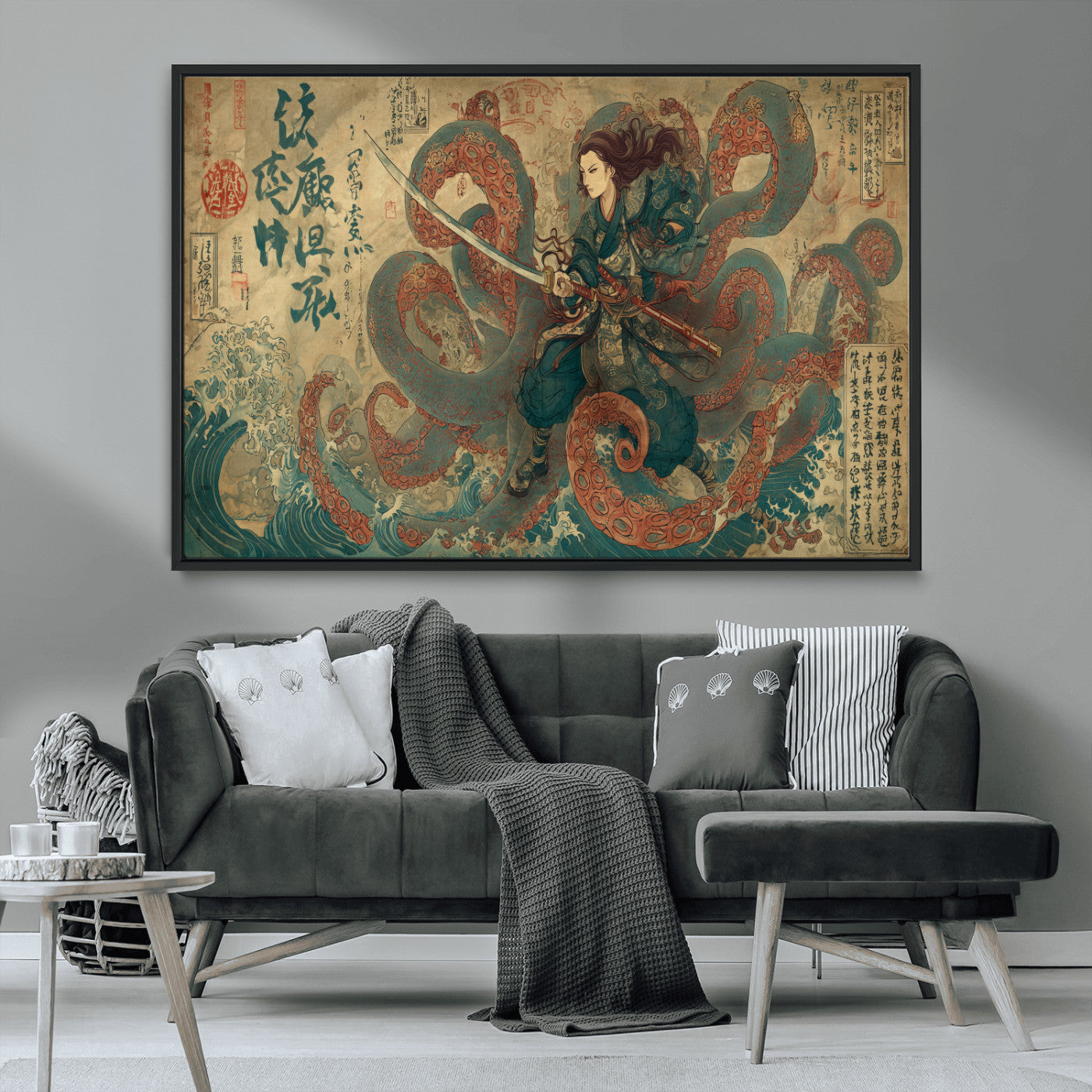 Tsukioka Yoshitoshi Samurai Wall Art Print, Japanese Katana Warrior Canvas Wall Art, Octopus Sea Monster Canvas Print,